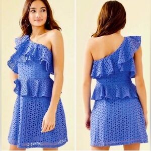 NWT! Lilly Pulitzer Josey Eyelet Ruffle One Shoulder Blue Dress Size 00